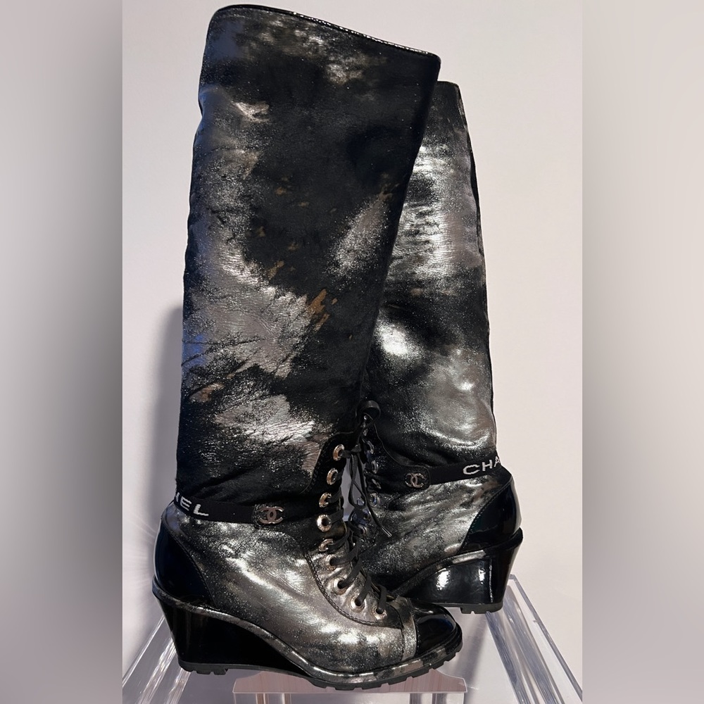 Chanel Black Patent Silver Pony Skins Cc Wedge Boots